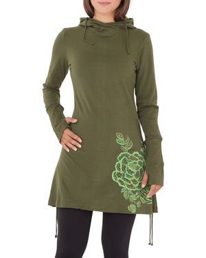 PUREWONDER A-Linien-Kleid Kapuzenkleid mit Blumen-Print dr132 Jersey - Grün