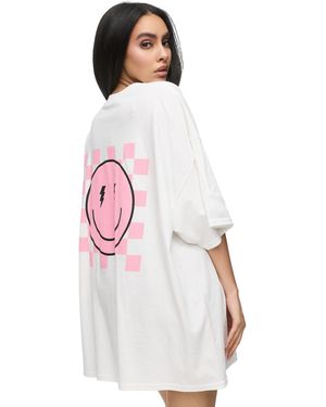 Worldclassca Oversized Print SMILE HAPPY T-Shirt Sommer Oberteil - Weiß
