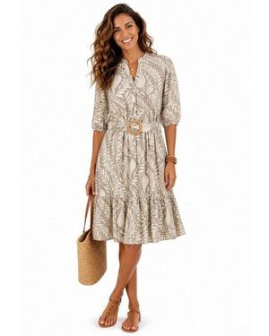 Sublevel Sommerkleid Sommerkleid Mit Print Und Gürtel Freizeitkleid 3/4 Arm Kleid Volant - Natur