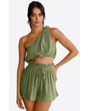 Imily Bela Hausanzug Damen 2-Teiliges Sommer Set (Set, 2 Tlg. One-Shoulder Crop Top + Shorts) One-Shoulder - Grün