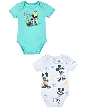 Disney Kurzarmbody Mickey Maus Baby 2er Set kurzarm Body Strampler 100% Baumwolle, Gr. 68 bis 86 - Blau