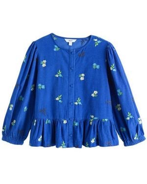 Next Langarmbluse Bestickte, Langärmelige Cord-Bluse Mit Schößchen (1-Tlg) - Blau