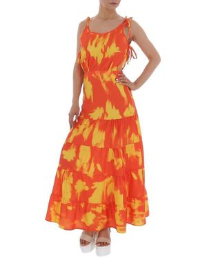Ital-Design Sommerkleid Freizeit Stufenkleid Volants Batik Maxikleid in Orange - Schwarz