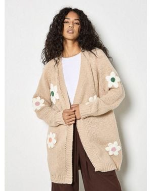 Apricot Cardigan 3D-Gänseblümchen-Strickjacke Aus Grobem Strick Blumenapplikation - Natur