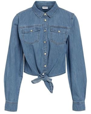 Noisy May Blusenshirt Locker Geschnittene Jeansbluse Für Damen (1-Tlg) Baumwolle Normal Fit Knopfleiste Langarm Einfarbig - Blau