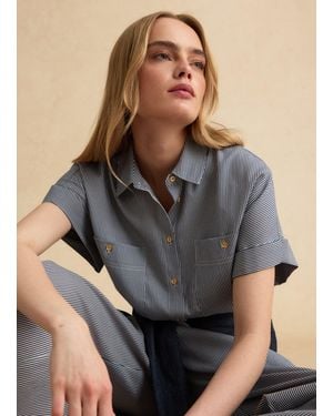 Les Copains Camicia A Righe Bianche E Blu A Maniche Corte Regular Fit Con Taschini, Donna, Taglia - Grigio