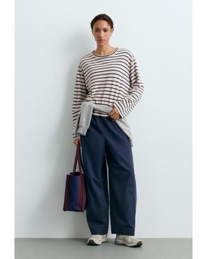 Oysho T-Shirt Relaxed Lange Mouw Katoenmix Met Strepen - Blauw