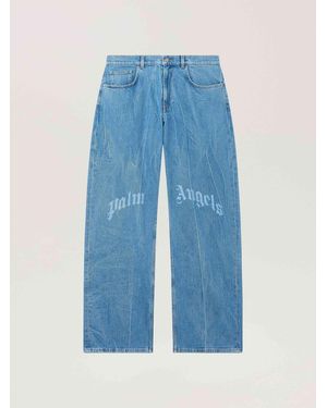 Palm Angels Splitted Curved Logo Loose Jeans Light - Blue