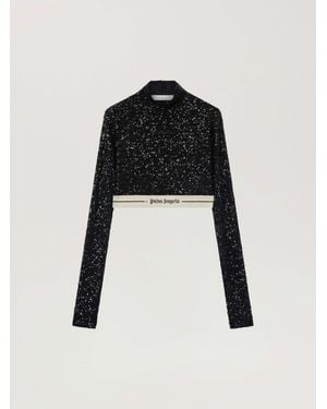 Palm Angels Logo Essential Sequins Top Long Sleeve - Black
