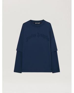 Palm Angels Curved Logo Double Long-Sleeved T-Shirt - Blue