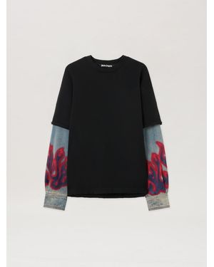 Palm Angels Flames Hybrid Long-Sleeve Shirt - Black