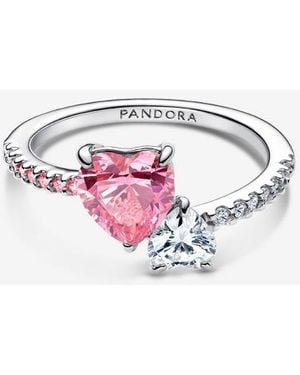PANDORA Double Heart & Clear Sparkling Ring - Pink