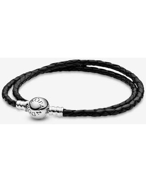 PANDORA Moments Sterling Silver And Leather Black Leather Bracelet For Charms