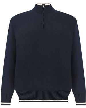 Paul & Shark Wool Half-Zip Sweater With Contrasting Striped Trims - Blue