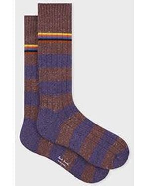 Paul Smith Burgundy And Cotton-Silk Blend Chunky 'Signature Stripe' Socks - Purple