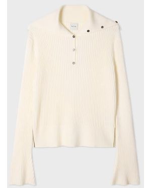 Paul Smith Ecru Ribbed Knit Sailor-Collar Button Sweater - Natural