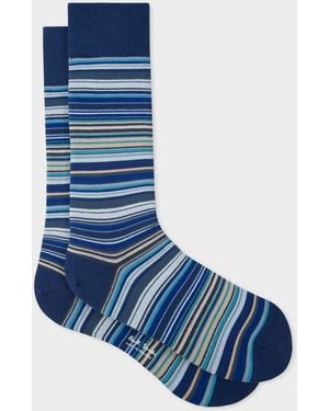 Paul Smith Stretch-Cotton Ribbed Cuff Socks With Horizontal Stripe Pattern - Blue