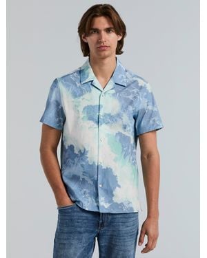 Perry Ellis Watercolor Tencelâ Print Camp Cotton Shirt - Blue