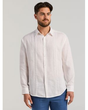 Cubavera Collection Linen Embroidered Tuck Panel Guayabera Shirt - White