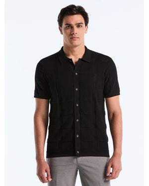 Perry Ellis Cotton Jacquard Pattern Button Front Sweater Polo - Black