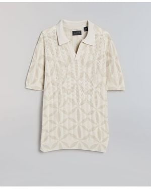 Perry Ellis Textured Geometric Knit Sweater Polo - Natural