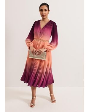Phase Eight Petite Mira Ombre Button Detail Pleat Dress - Red