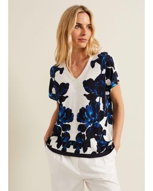 Phase Eight Mia Floral Print Linen Knit Top - Blue