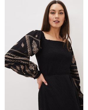 Phase Eight Debby Shirred Embroidered Blouse - Black