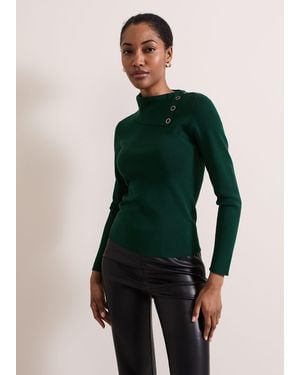 Phase Eight Regina Popper Collar Ribbed Top - Green