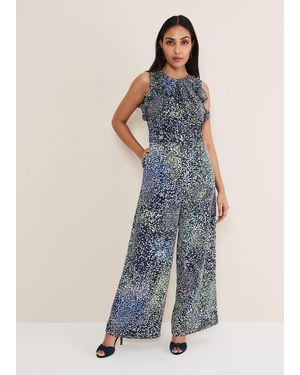 Phase Eight Petite Maggie Ruffle Printed Jumpsuit - Blue