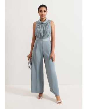 Phase Eight Petite Eliza Textured Bodice Wide Leg Jumpsuit - Blue