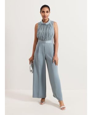 Phase Eight Petite Eliza Textured Bodice Wide Leg Jumpsuit - Blue