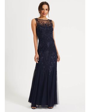 Phase Eight Cecilia Tulle Neckline Embroidered Maxi Dress - Blue