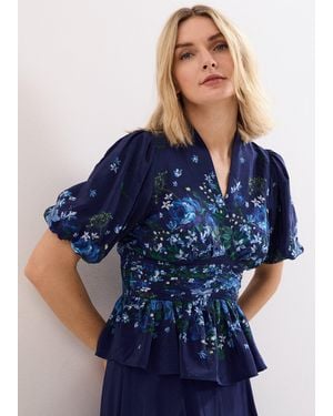 Phase Eight Safa V-Neck Floral Gathered Blouse - Blue