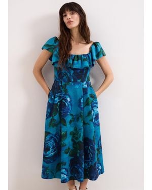 Phase Eight Brianne Floral Ruffle Midi Dres - Blue