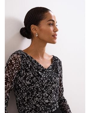 Phase Eight Tammy Printed Cowl Neck Mesh Top - Black