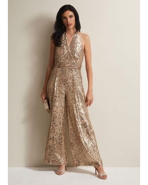 Phase Eight Clarabella Sequin Halterneck Jumpsuit - Natural