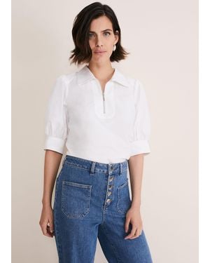 Phase Eight Alannah Puff Sleeve Zip Collar Blouse - White