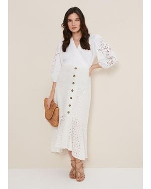 Phase Eight Abla Broderie Midi Skirt - Natural