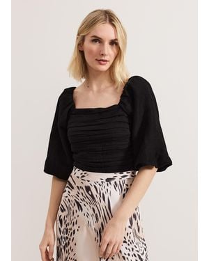Phase Eight Asha Puff Sleeve Linen Blouse - Black