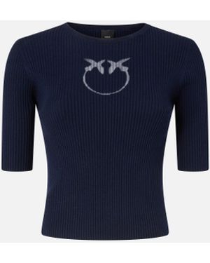 Pinko Ribbed Jumper With Transparent Love Birds Logo - Blue