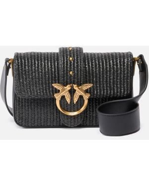 Pinko Mini Love Bag Slouchy Shoulder Bag In Raffia With Two Shoulder Straps - Black