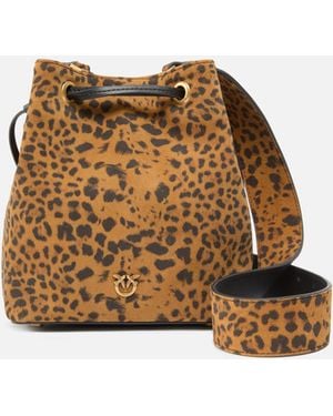 Pinko Small Crossbody Bucket Bag In Leopard-print Suede - Brown