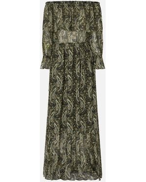 Pinko Off-The-Shoulder Long Dress With Cashmere Print - Green