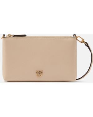 Pinko Flat Leather Clutch With Love Birds Logo - Natural