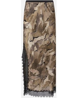 Pinko Camouflage Midi Skirt With Lace And Slit - Natural