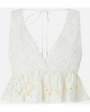 Pinko Crop Top With Ruffle And Openwork Pattern - White