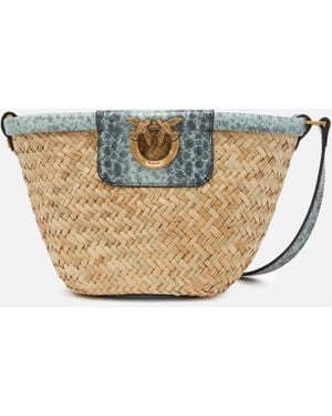 Pinko Small Bucket Bag In Woven Raffia And Leather - White