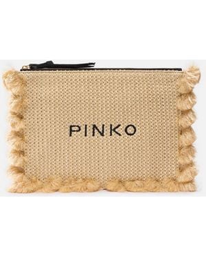Pinko Small Raffia Clutch With Logo And Tassels - Natural