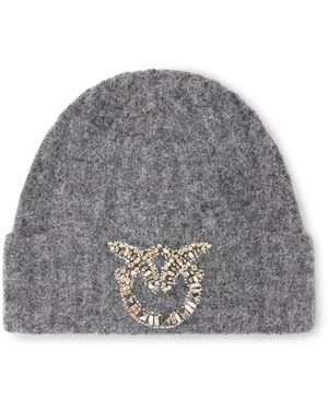 Pinko Wool Beanie With Jeweled Love Birds Logo - Gray